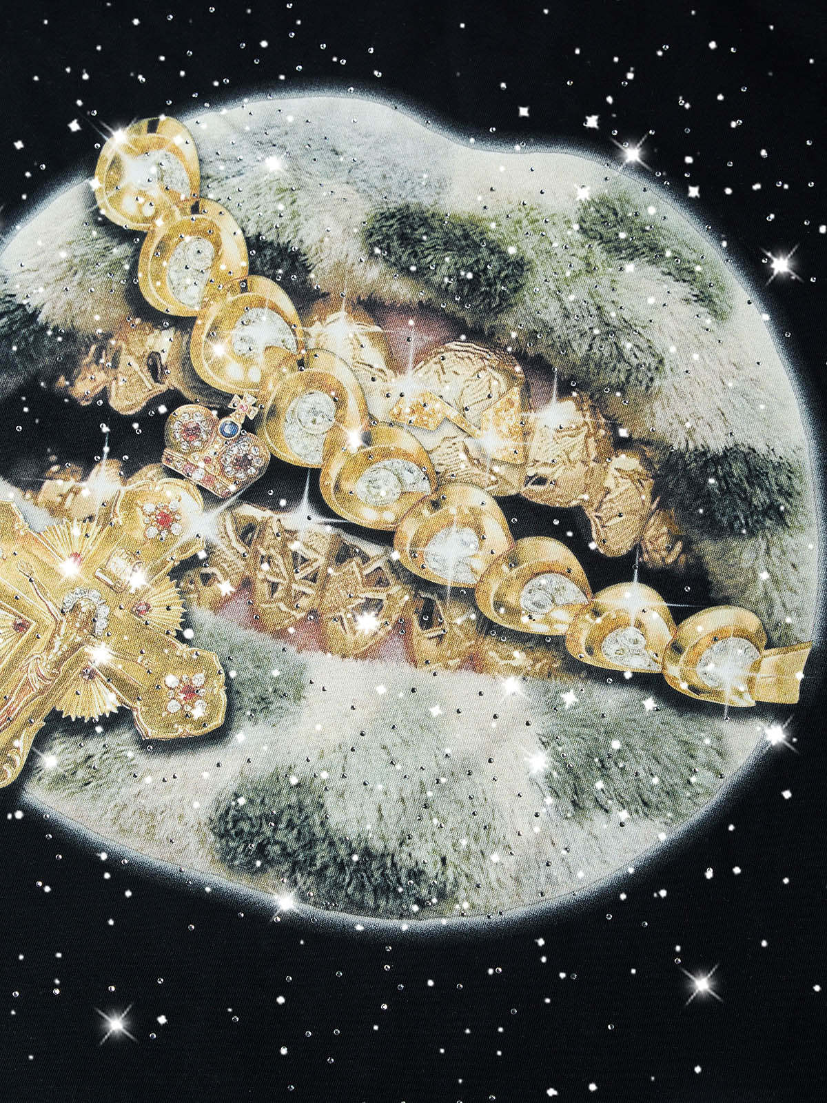 NOISSEY "Camo Grillz" Fuzzy Camo & Golden Cross Graphic Rhinestone T-Shirt