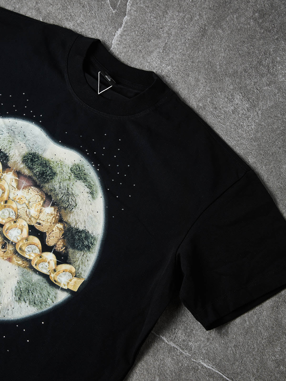 NOISSEY "Camo Grillz" Fuzzy Camo & Golden Cross Graphic Rhinestone T-Shirt