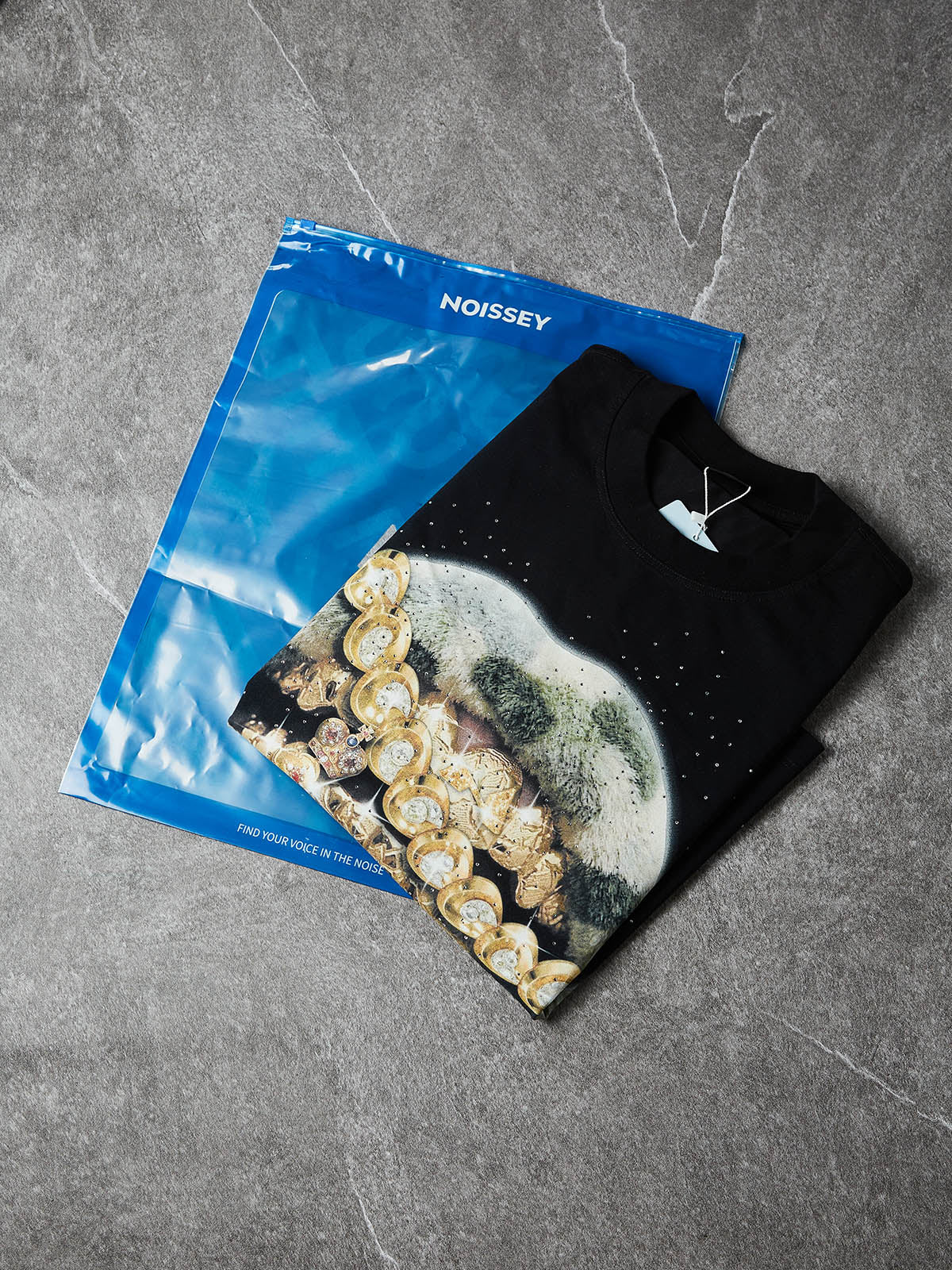 NOISSEY "Camo Grillz" Fuzzy Camo & Golden Cross Graphic Rhinestone T-Shirt