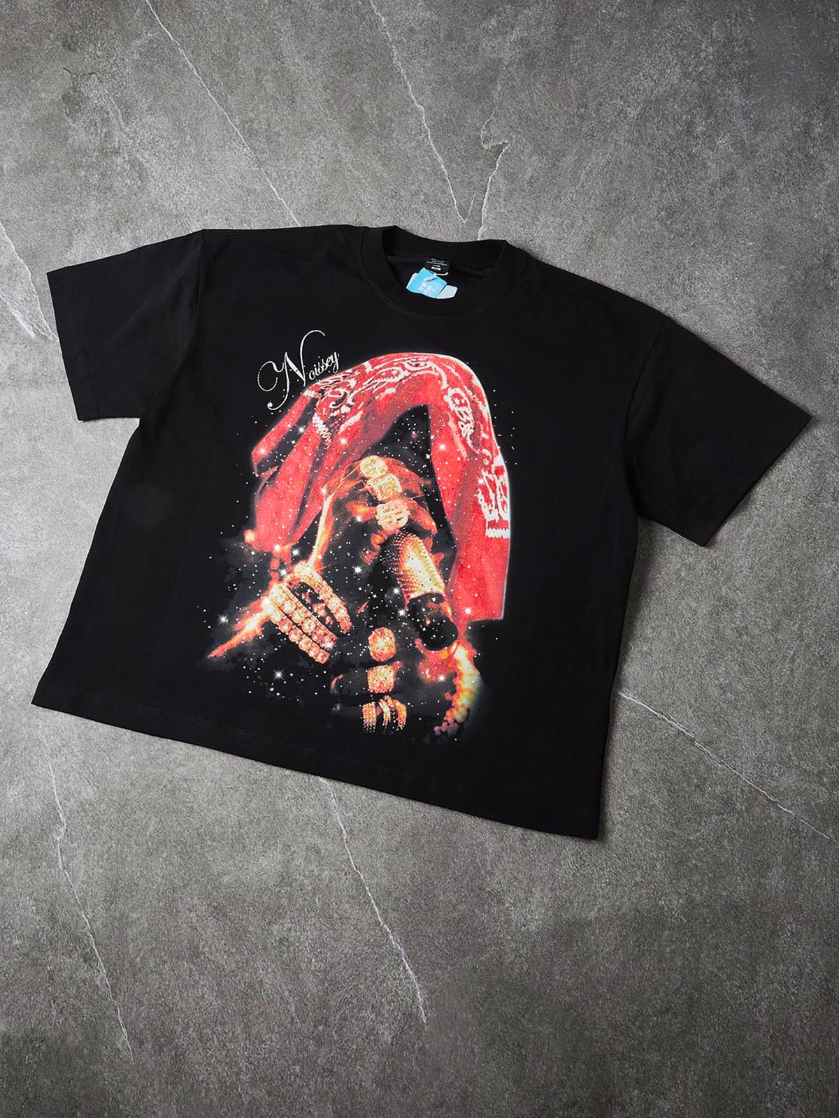 NOISSEY "Crimson Legacy" Oversized Tee | Red Bandana & Iced-Out Gold Art with "Star-Dust" Glitter