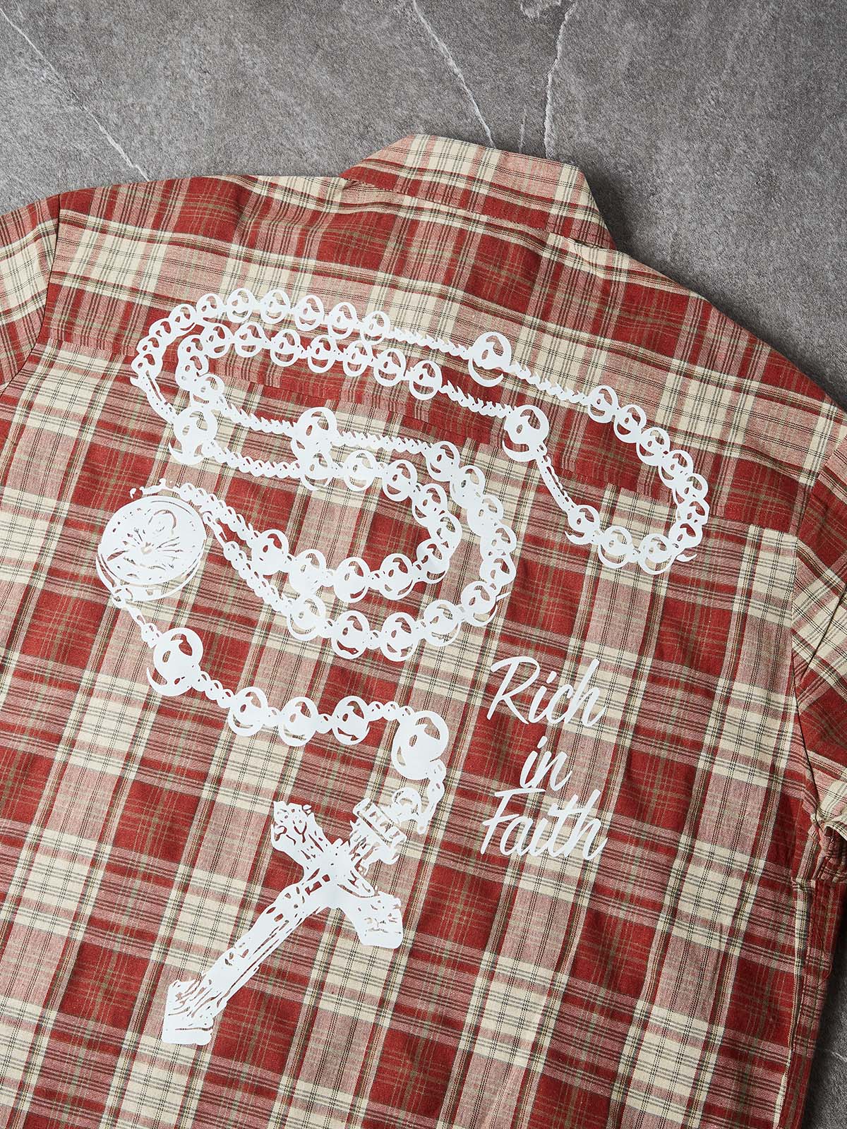 NOISSEY "Rich in Faith" Vintage Plaid Shirt | Rosary & Cross Back Graphic Oversized Short Sleeve