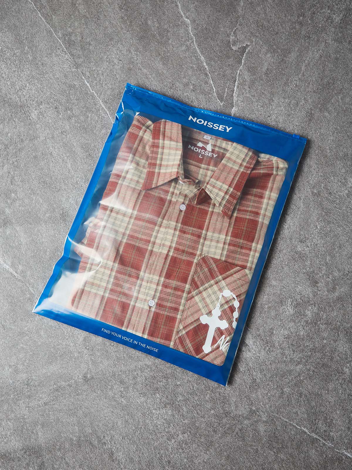 NOISSEY "Rich in Faith" Vintage Plaid Shirt | Rosary & Cross Back Graphic Oversized Short Sleeve