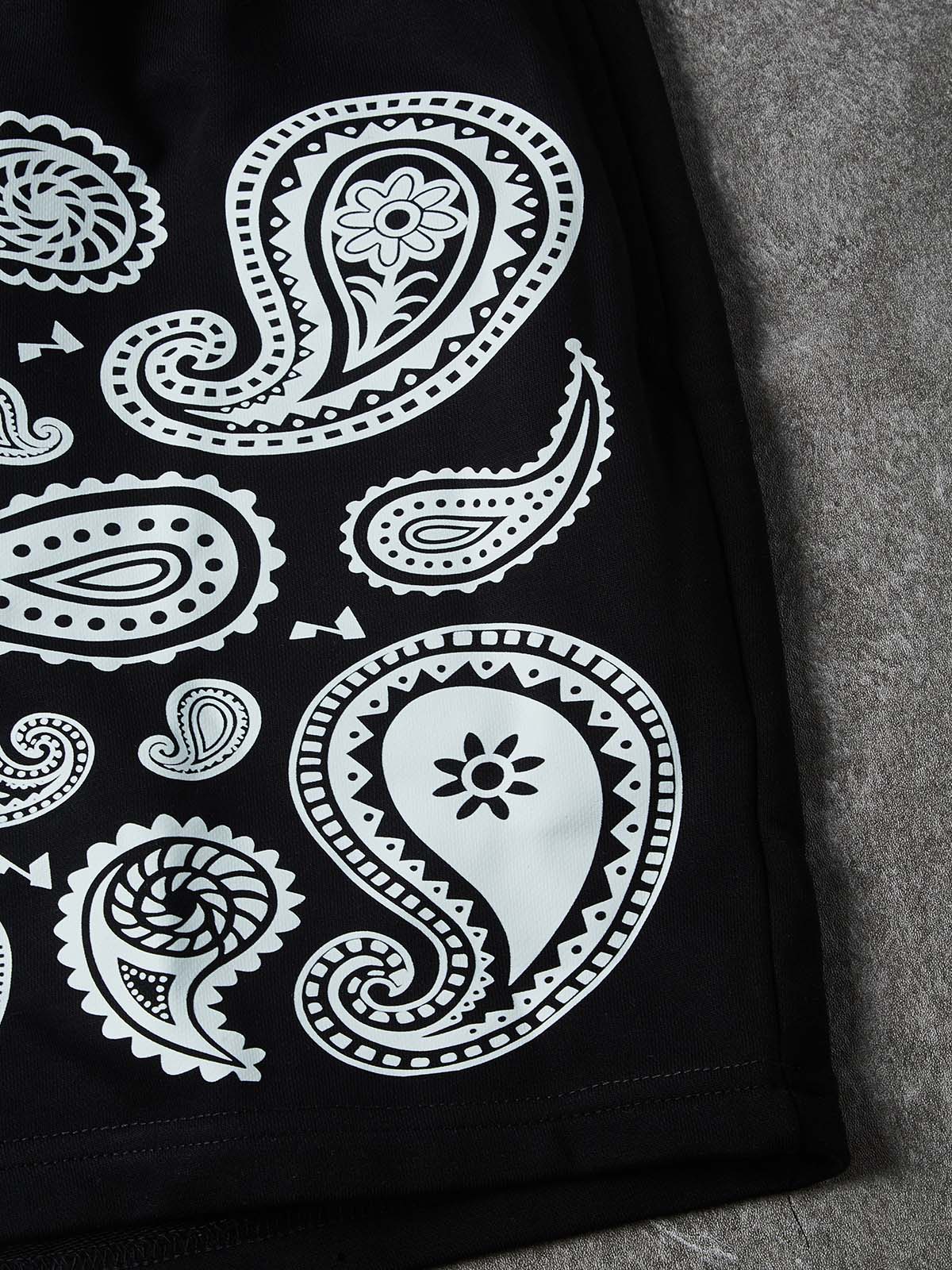 NOISSEY "Monochrome Bandana" Paisley Graphic Heavyweight Wide-Leg Sweat Shorts