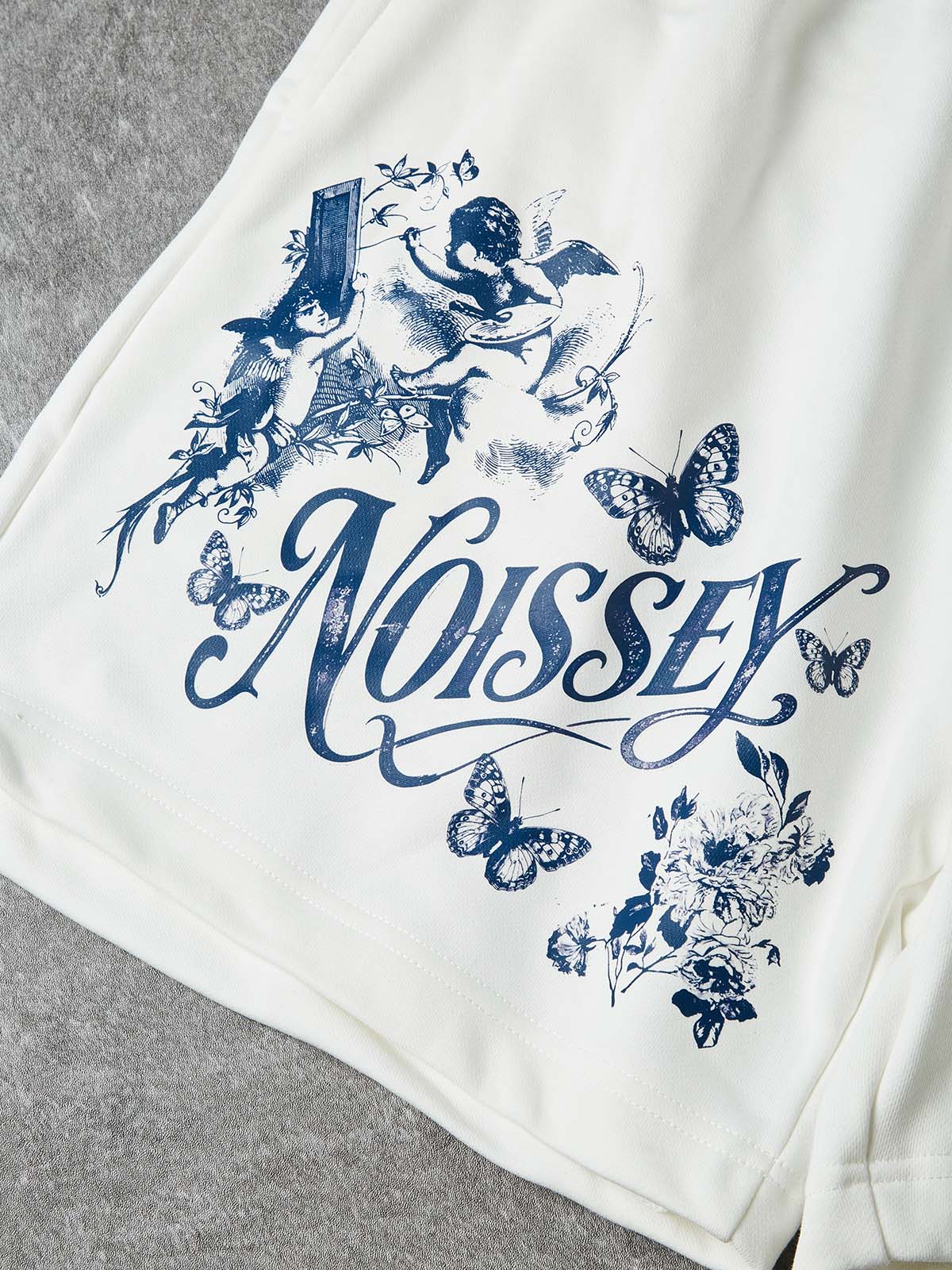 NOISSEY "Heavenly Garden" Blue Angel & Floral Art Print White Wide-Leg Shorts