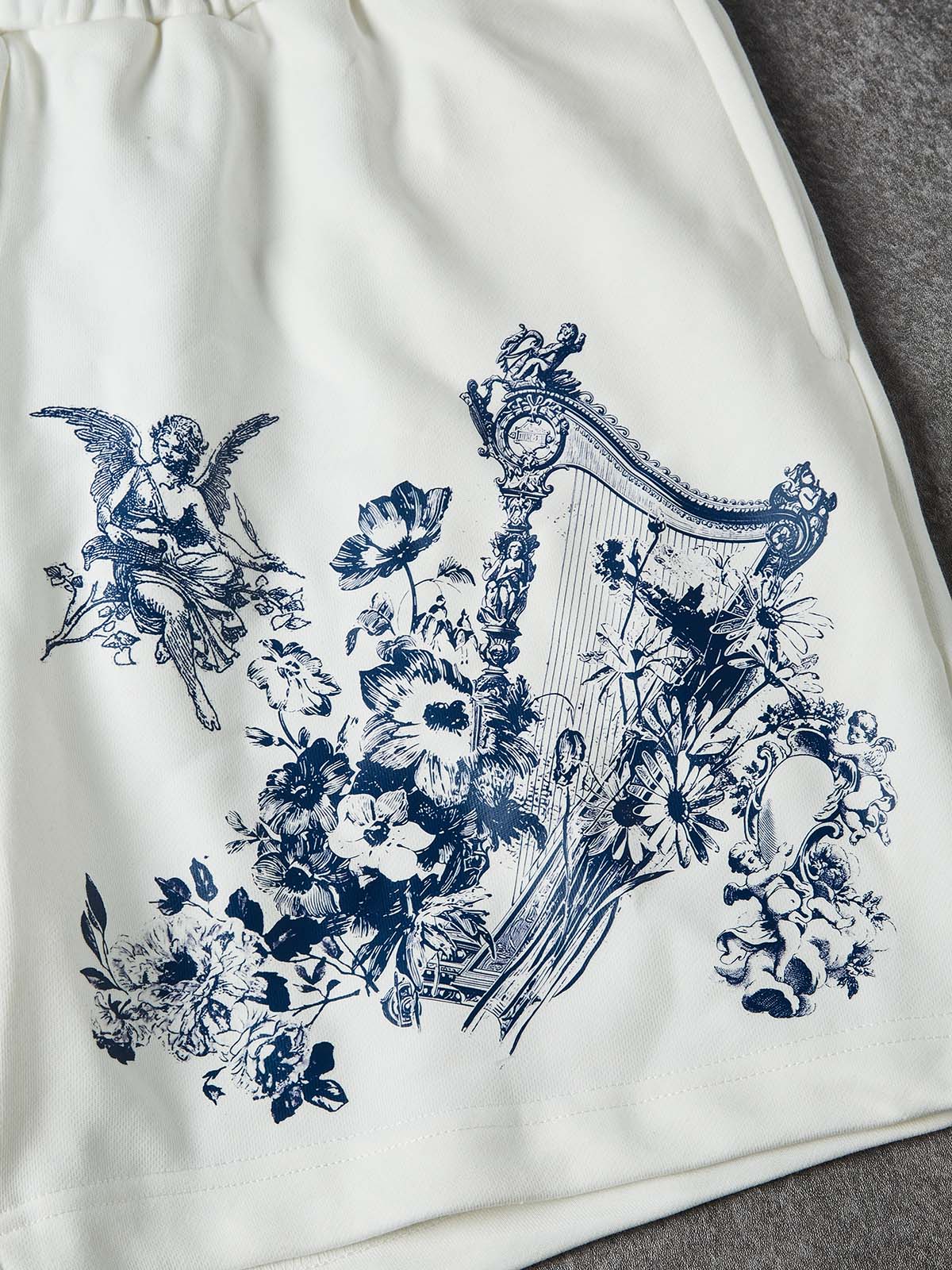 NOISSEY "Heavenly Garden" Blue Angel & Floral Art Print White Wide-Leg Shorts