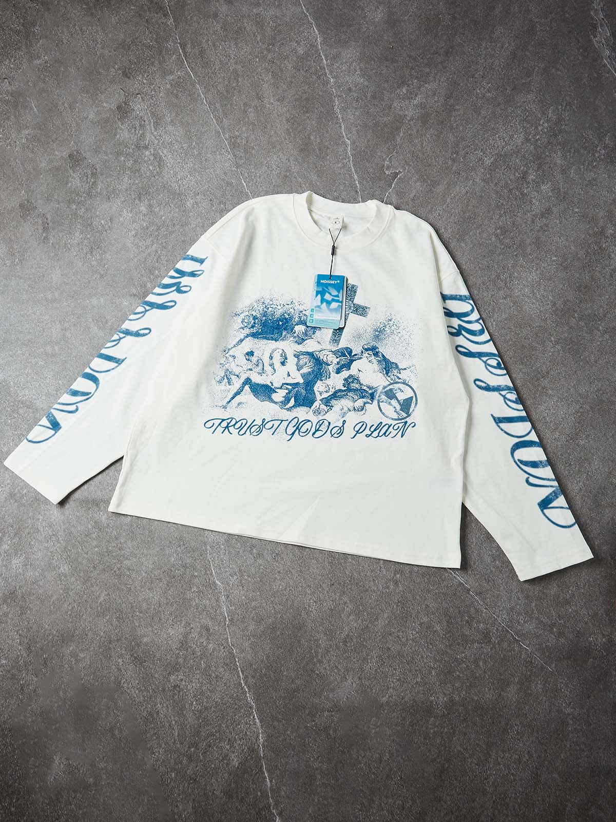 TRUST GOD’S PLAN" ARCHIVAL PRINT CREWNECK – VINTAGE BLUE OVERSIZED LONG SLEEVE