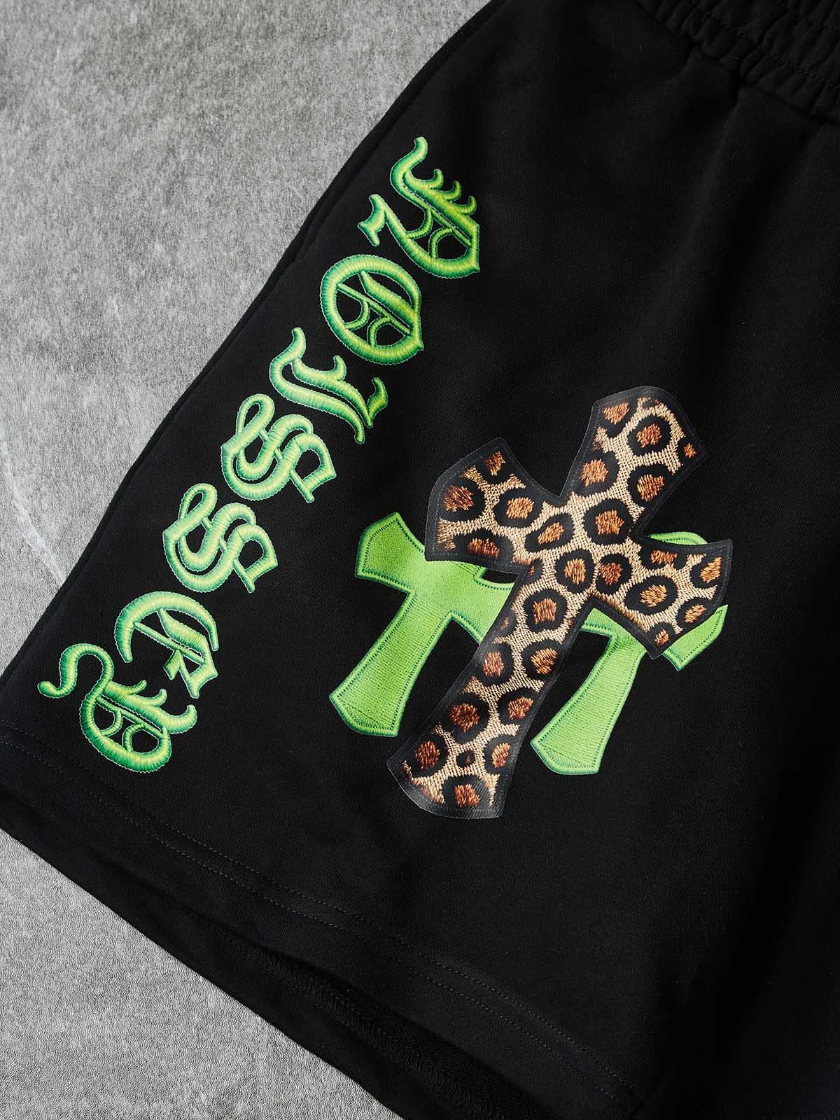 NOISSEY "LEOPARD CROSS" NEON GREEN EMBROIDERED SHORTS