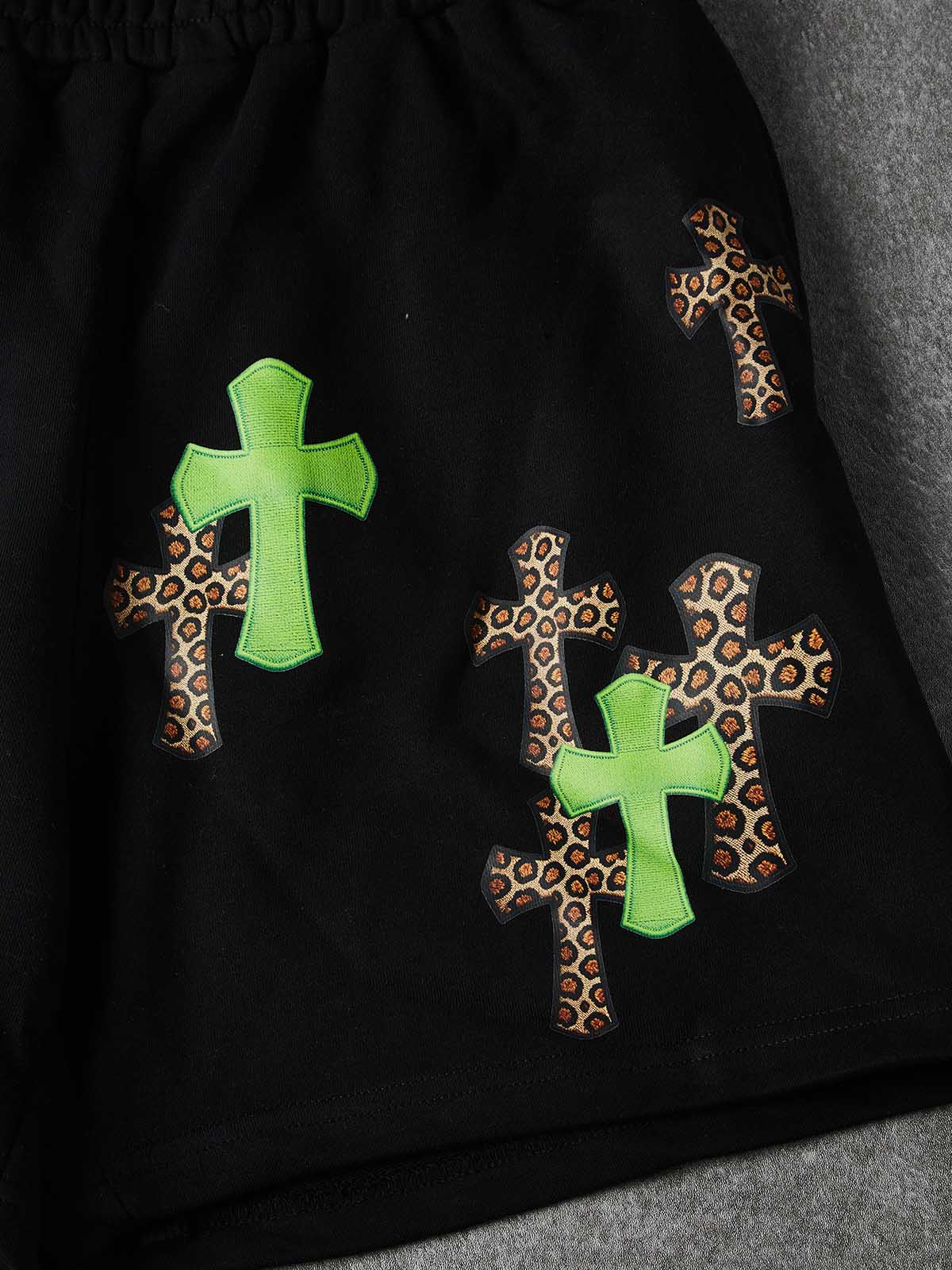 NOISSEY "LEOPARD CROSS" NEON GREEN EMBROIDERED SHORTS