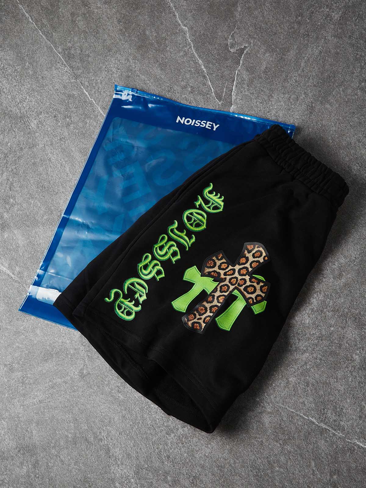 NOISSEY "LEOPARD CROSS" NEON GREEN EMBROIDERED SHORTS