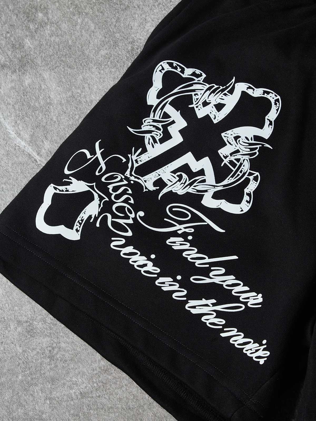 Waters of Faith — Christ Cross Art Distressed Print Black Shorts