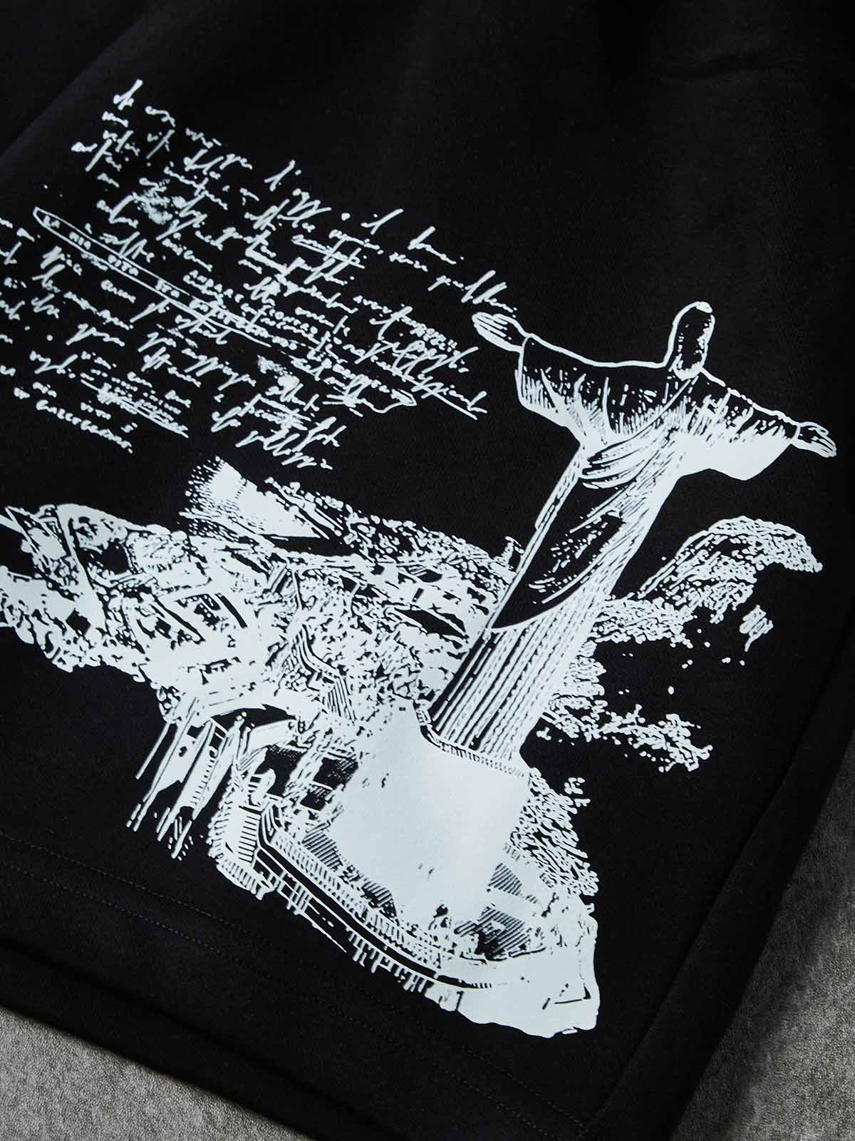 Waters of Faith — Christ Cross Art Distressed Print Black Shorts