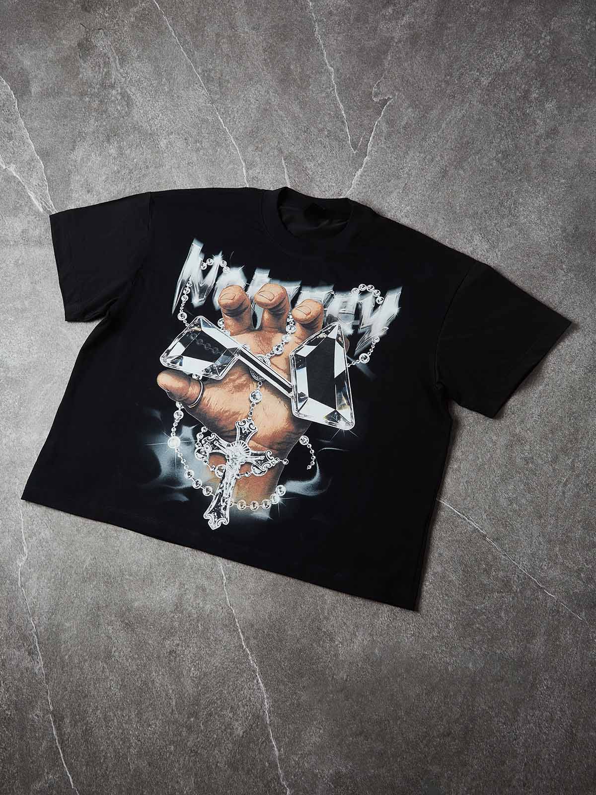 NOISSEY "HOLY DRIP" CRYSTAL CROSS & PRAYER HAND ART PRINT T-SHIRT
