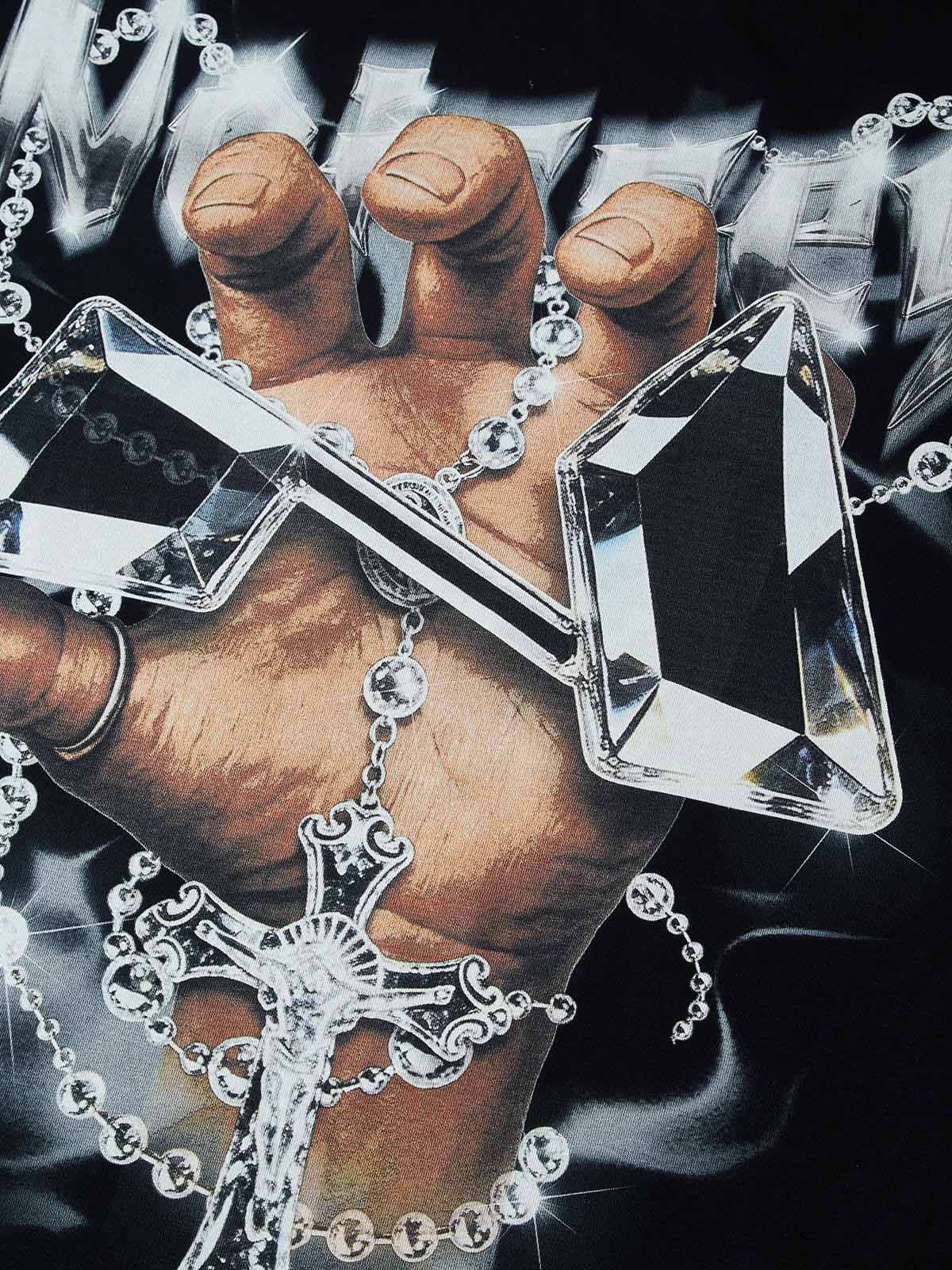 NOISSEY "HOLY DRIP" CRYSTAL CROSS & PRAYER HAND ART PRINT T-SHIRT