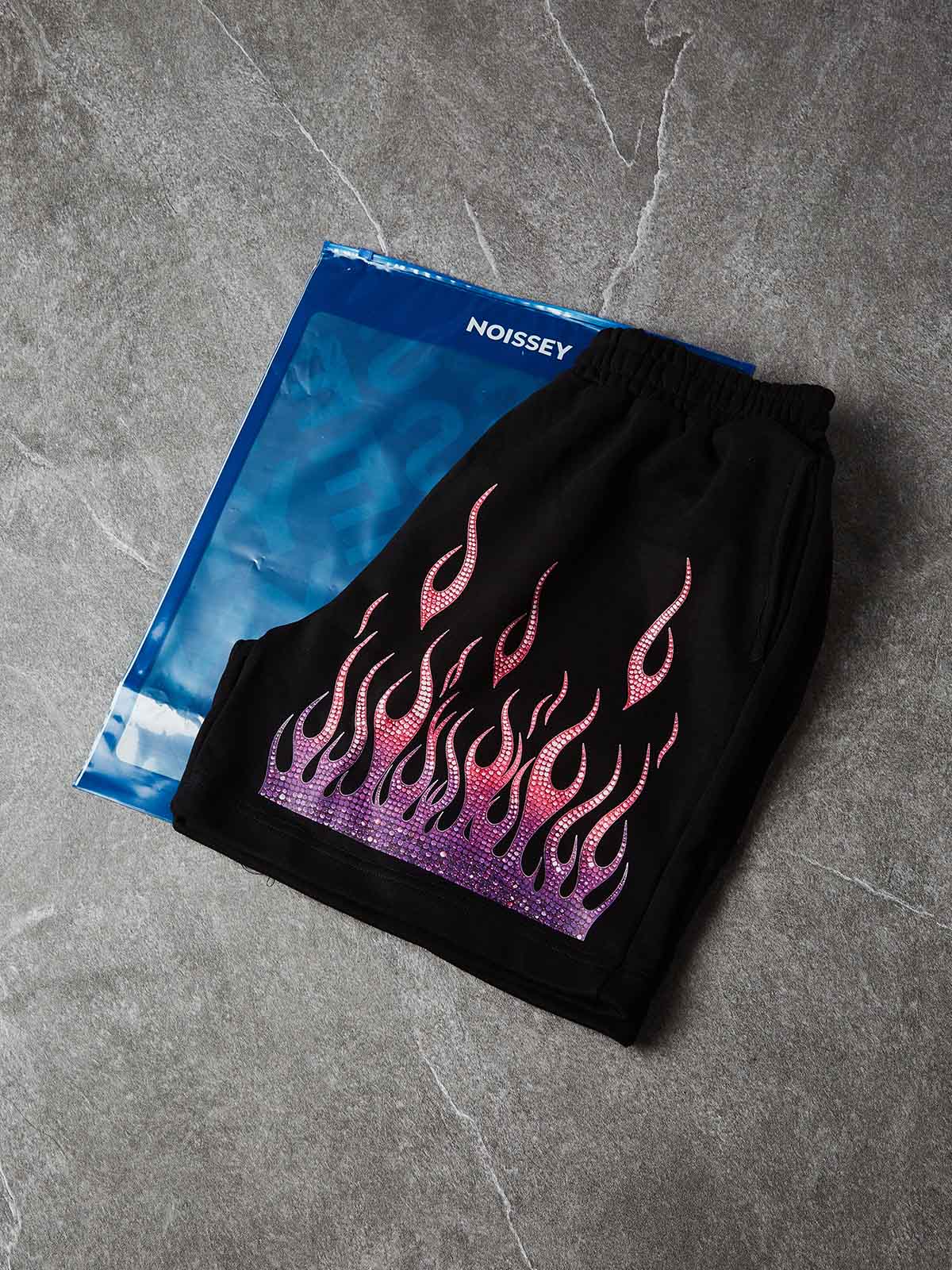 NOISSEY "NEON EMBERS" GRADIENT DIAMOND FLAME OVERSIZED SHORTS