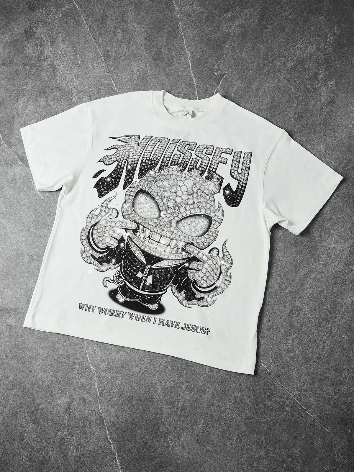 NOISSEY "DIAMOND SOUL" Full-Rhinestone Character Oversized Tee - Arctic White