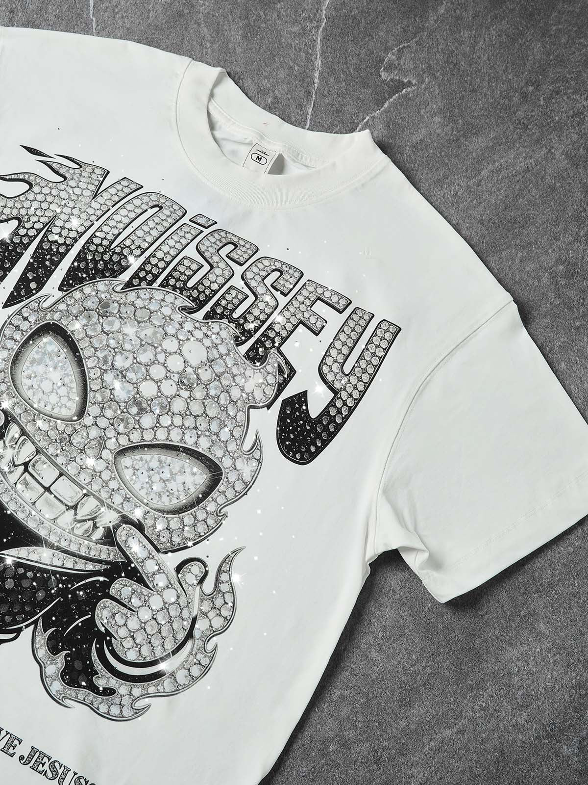 NOISSEY "DIAMOND SOUL" Full-Rhinestone Character Oversized Tee - Arctic White
