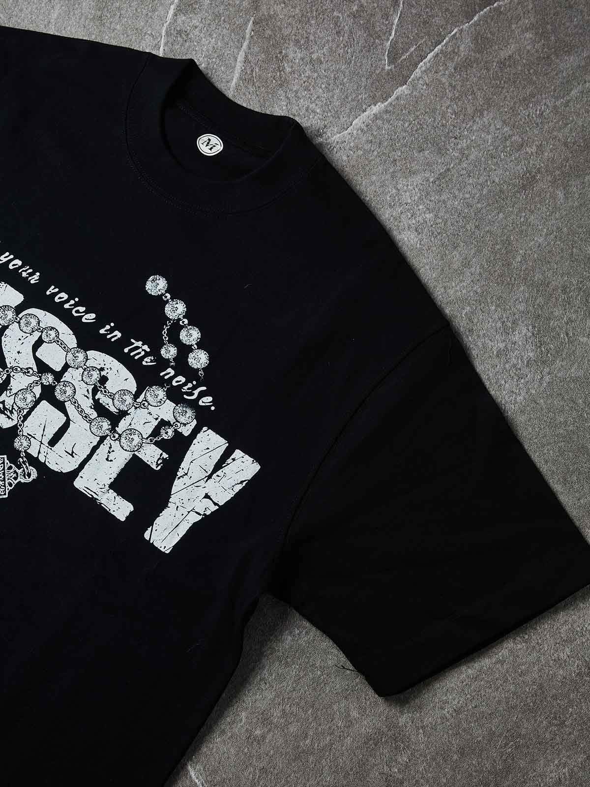 NOISSEY Find Your Voice Vintage Distressed Rosary Cross Art Tee - Pitch Black