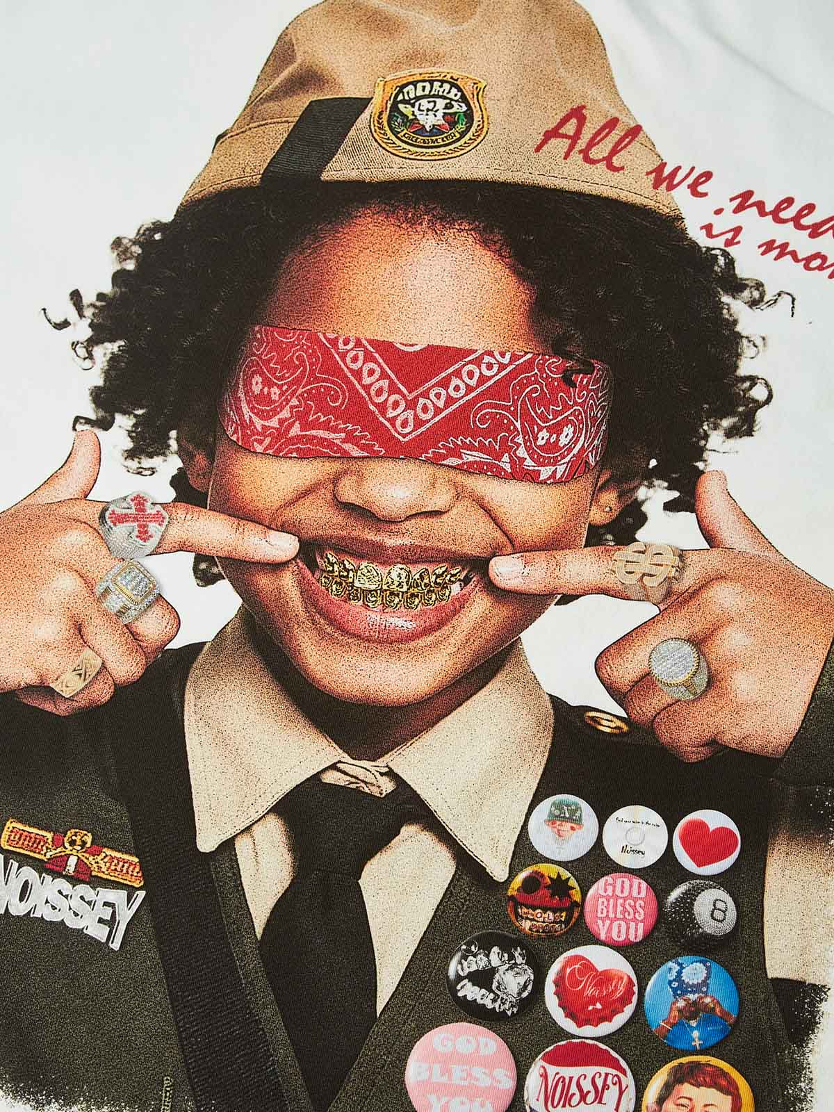NOISSEY "Money Scout" Blindfolded Grillz Boy Asymmetric Sleeve Graphic Shirt