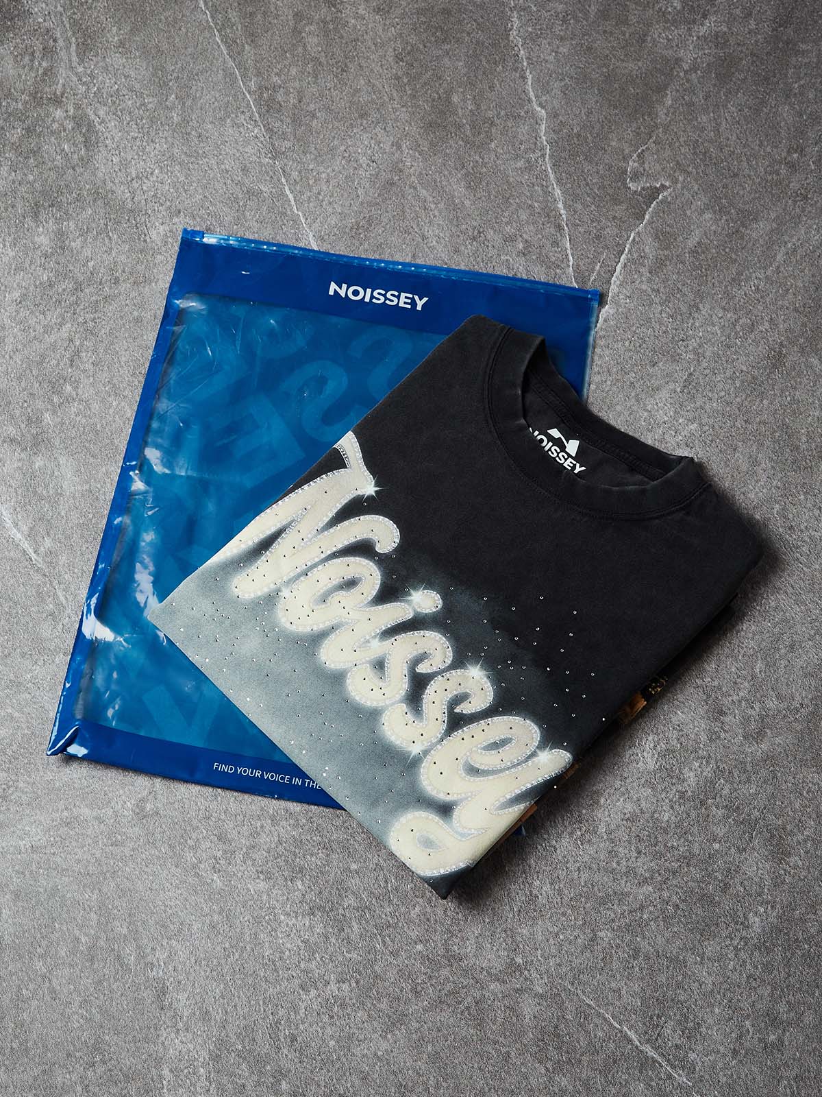 NOISSEY "City Lights" Boxy Vintage Wash Rhinestone Logo Tee - Washed Black