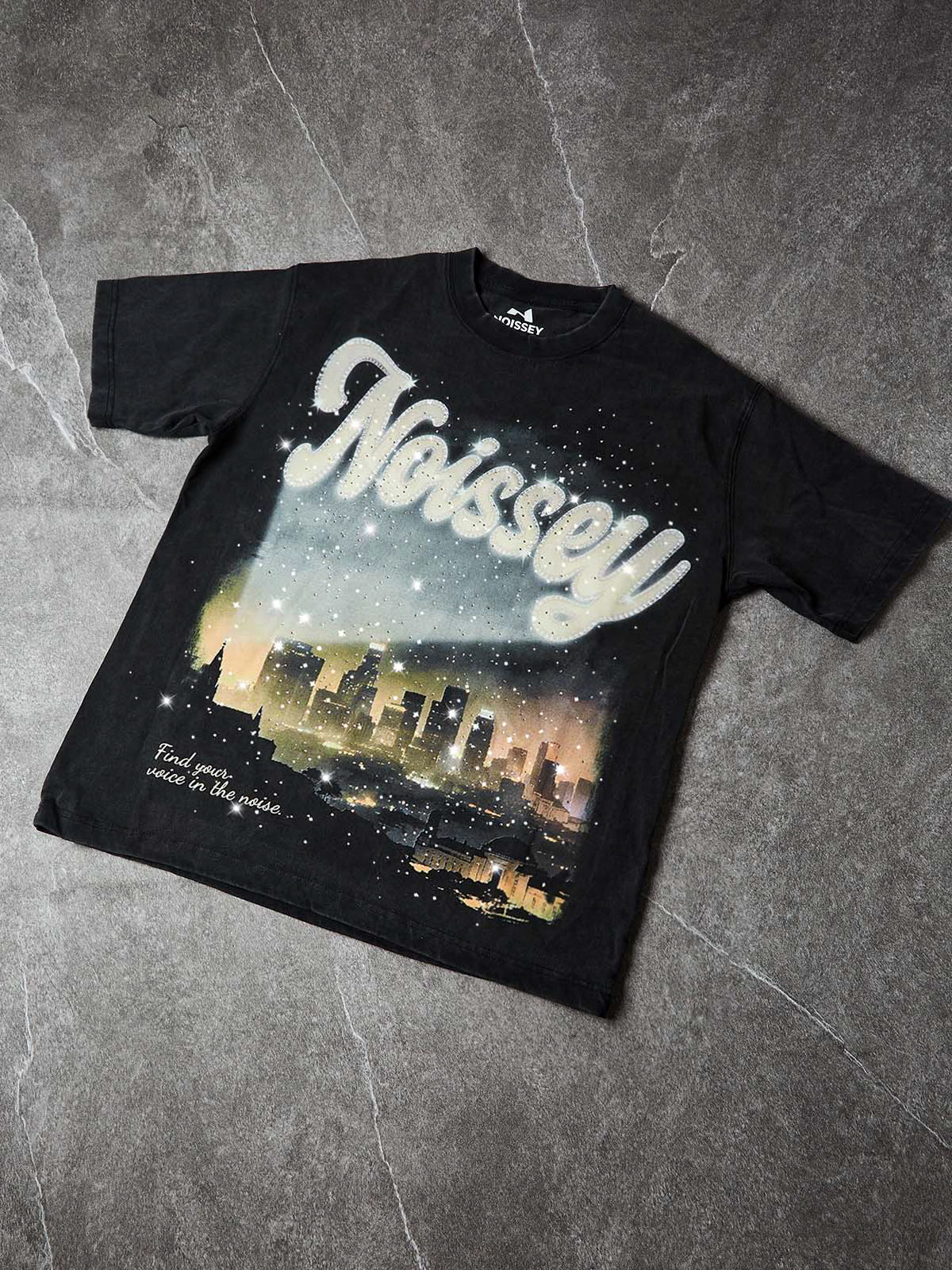 NOISSEY "City Lights" Boxy Vintage Wash Rhinestone Logo Tee - Washed Black