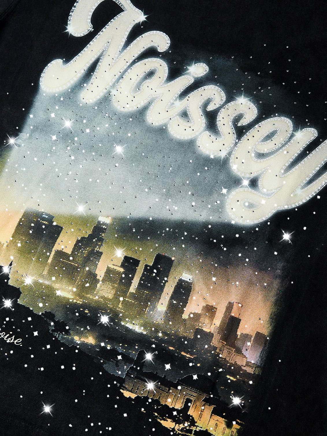 NOISSEY "City Lights" Boxy Vintage Wash Rhinestone Logo Tee - Washed Black