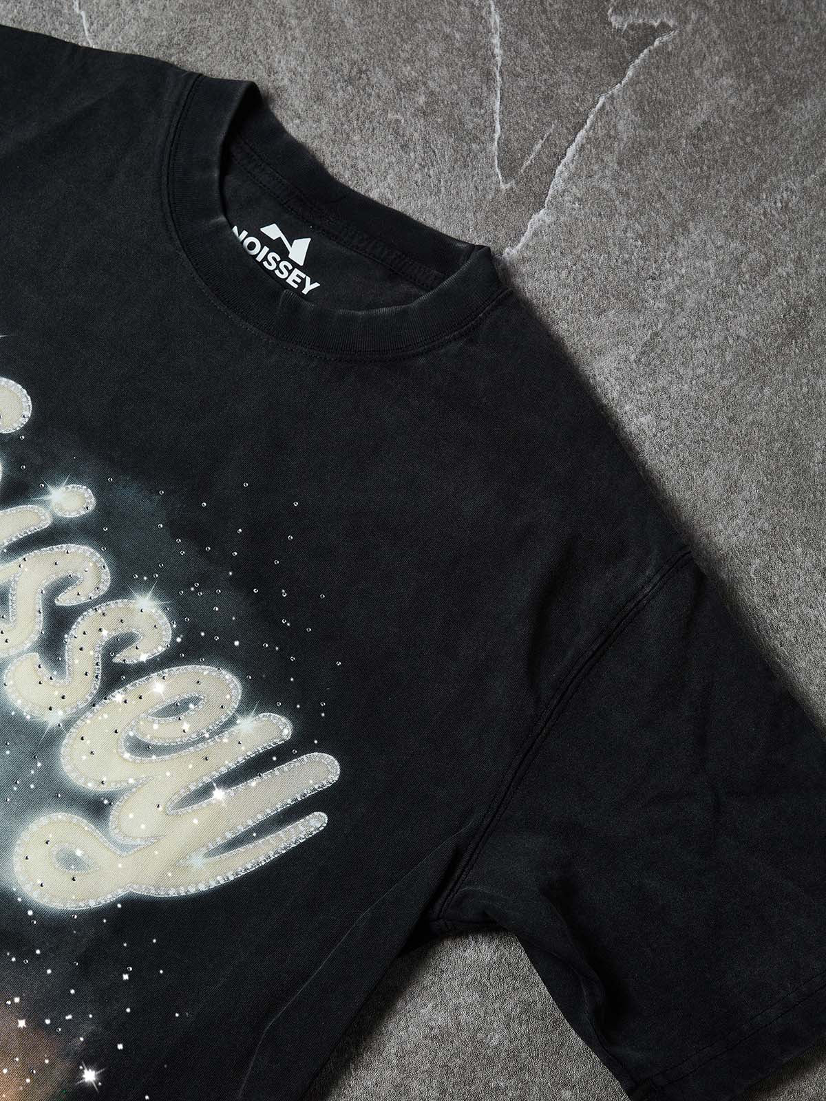 NOISSEY "City Lights" Boxy Vintage Wash Rhinestone Logo Tee - Washed Black