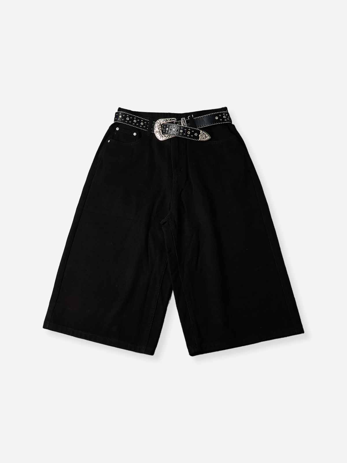 NOISSEY Western Belted Vintage Wash Boxy Denim Culottes - Onyx Black