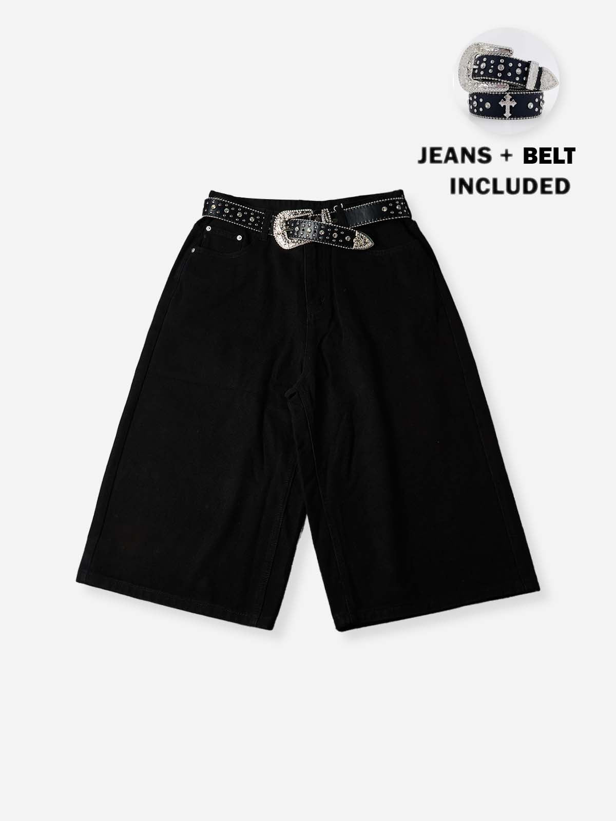 NOISSEY Western Belted Vintage Wash Boxy Denim Culottes - Onyx Black