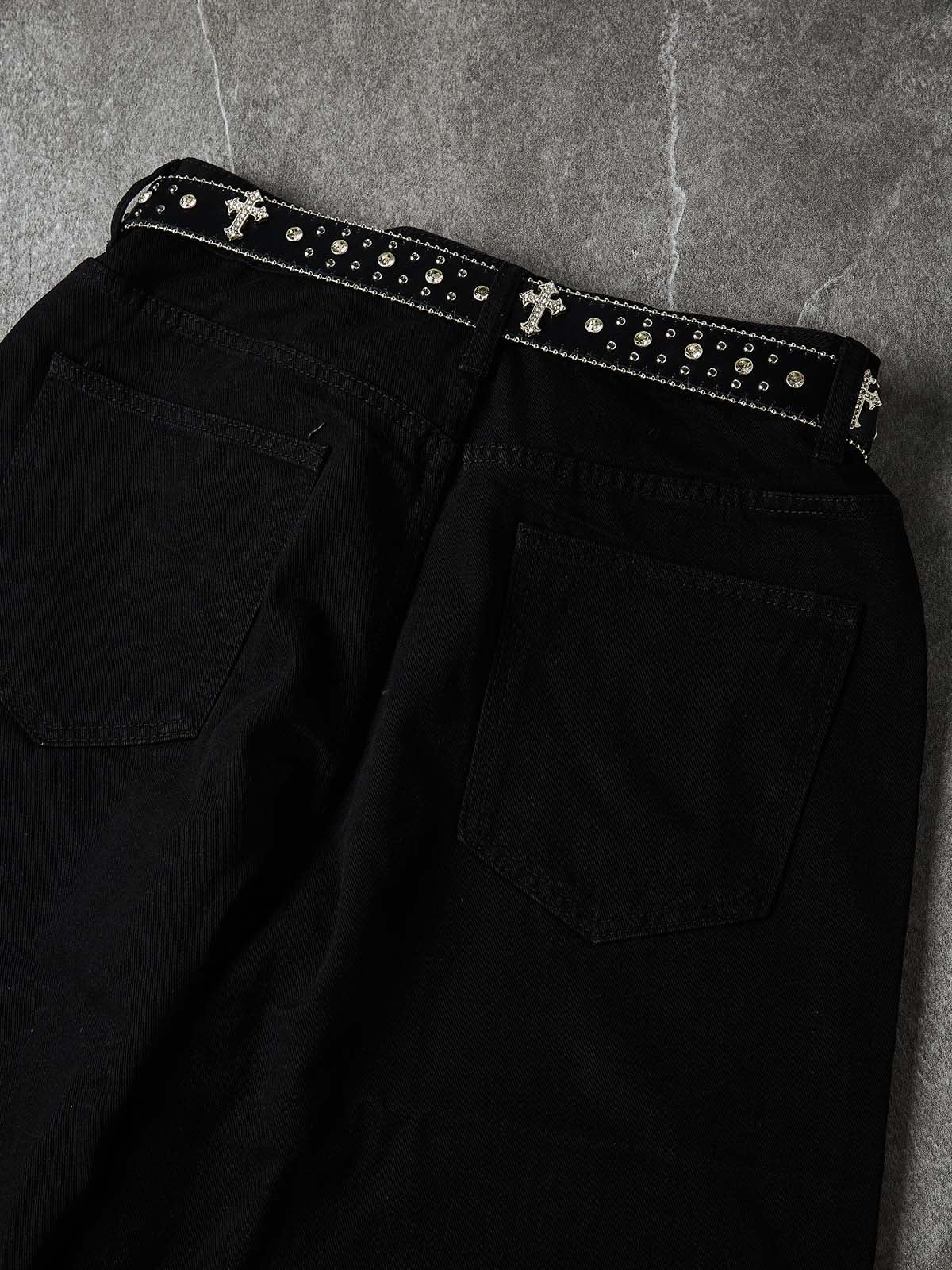 NOISSEY Western Belted Vintage Wash Boxy Denim Culottes - Onyx Black