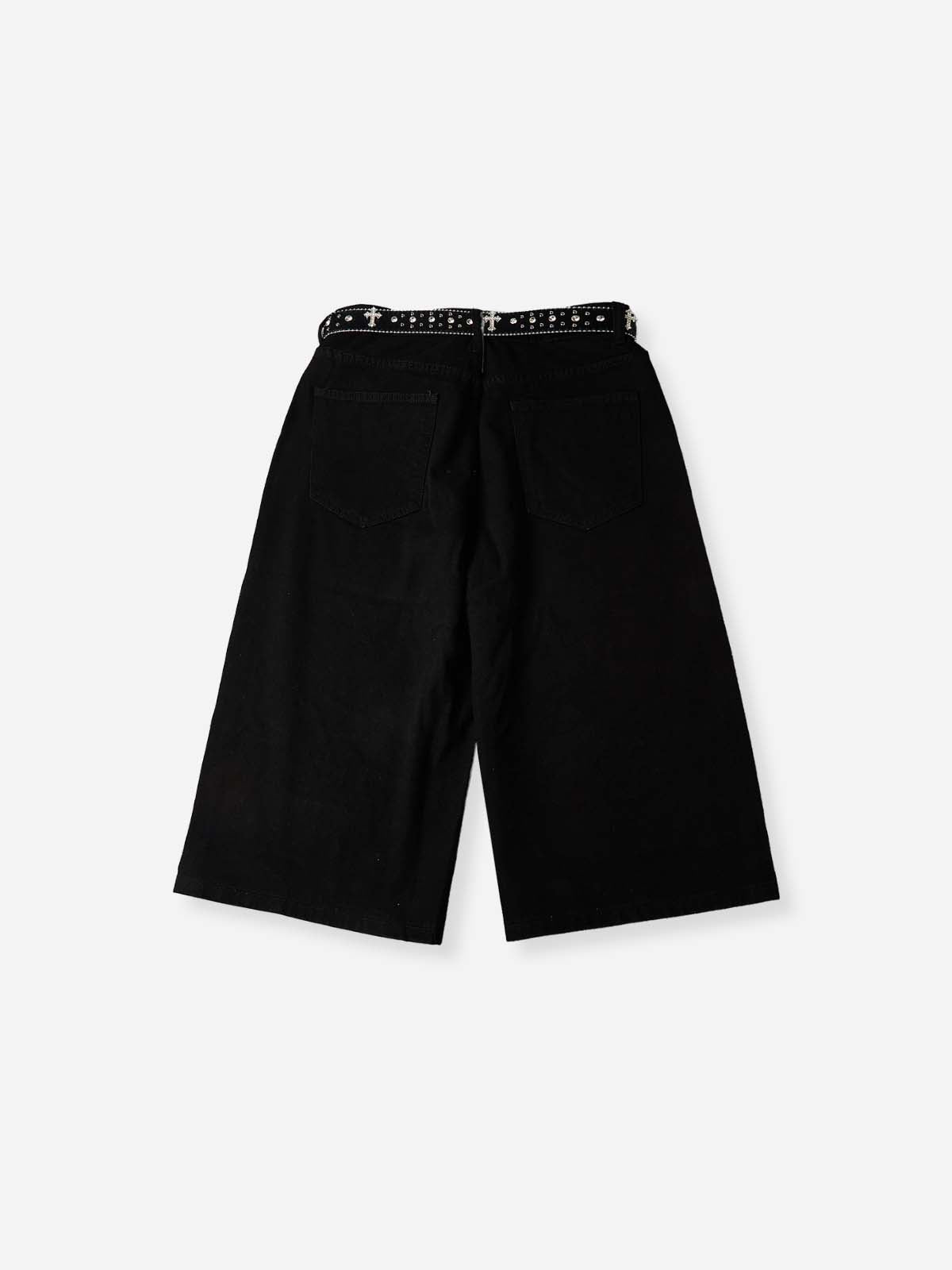 NOISSEY Western Belted Vintage Wash Boxy Denim Culottes - Onyx Black