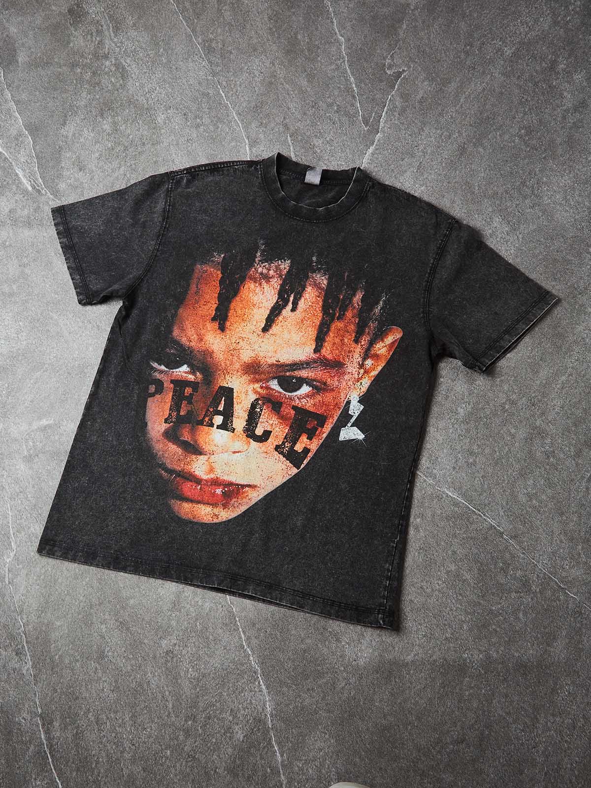 NOISSEY PEACE Braided Portrait Vintage Distressed Art Print T-Shirt - Washed Onyx