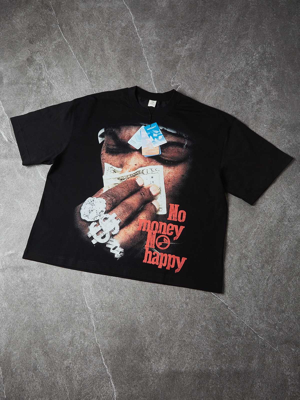 NOISSEY "No Money No Happy" Vintage Rap Portrait Graphic T-Shirt - Onyx Black