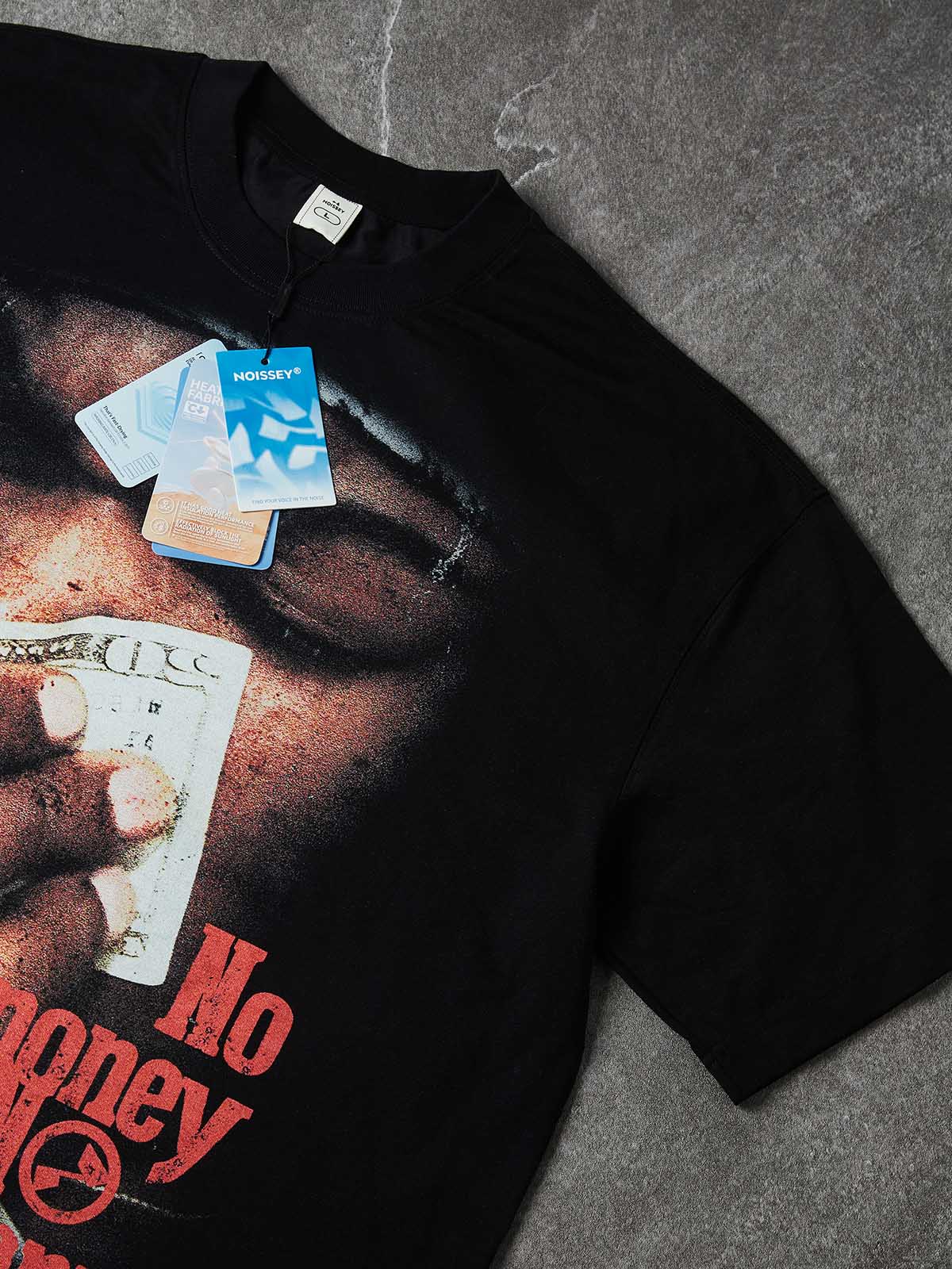 NOISSEY "No Money No Happy" Vintage Rap Portrait Graphic T-Shirt - Onyx Black