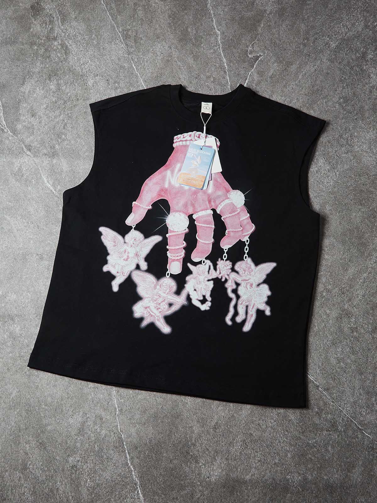 NOISSEY Hand of Seraph Pink Neon Angelic Tank Top - Onyx Black