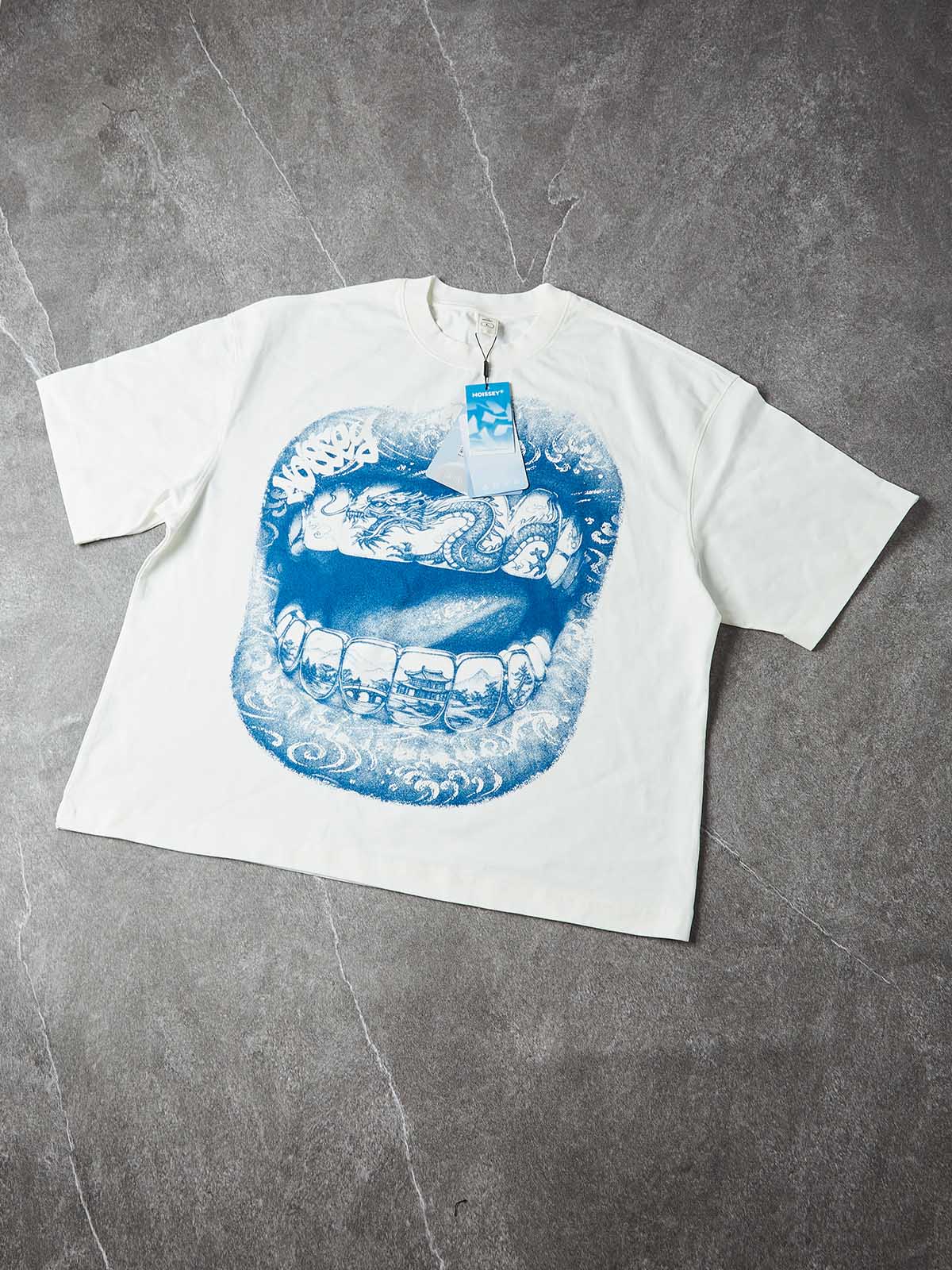 NOISSEY Dragon Grills Blue & White Porcelain Art Print T-Shirt - Porcelain White