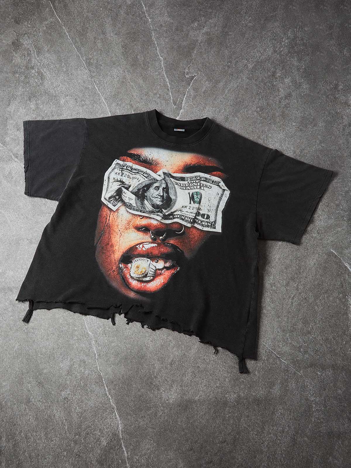 NOISSEY "Blind Wealth" Money Blindfold & Gold Grill Distressed T-Shirt - Washed Black
