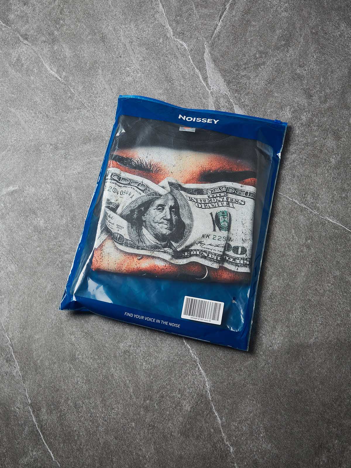 NOISSEY "Blind Wealth" Money Blindfold & Gold Grill Distressed T-Shirt - Washed Black