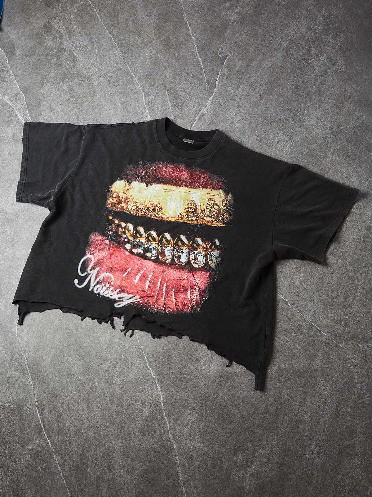 NOISSEY The Last Supper Grills & Lips Distressed Boxy T-Shirt - Washed Black