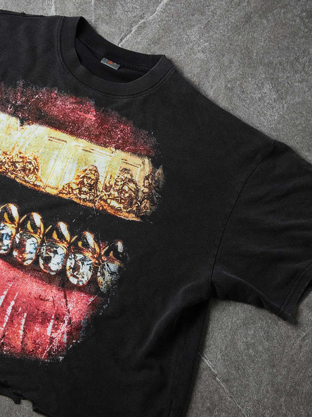 NOISSEY The Last Supper Grills & Lips Distressed Boxy T-Shirt - Washed Black