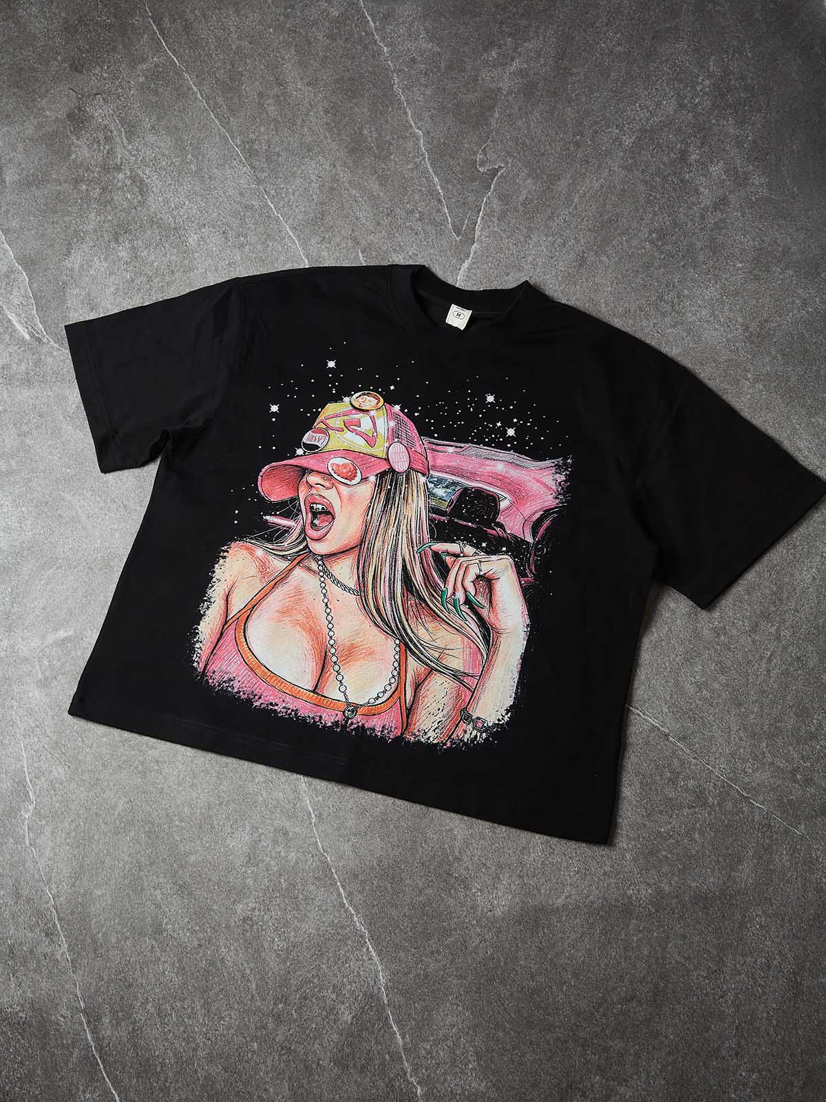 NOISSEY Starlit Girl American Illustration DIY Art Print T-Shirt - Onyx Black