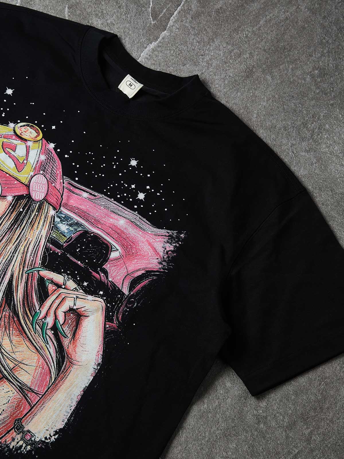 NOISSEY Starlit Girl American Illustration DIY Art Print T-Shirt - Onyx Black
