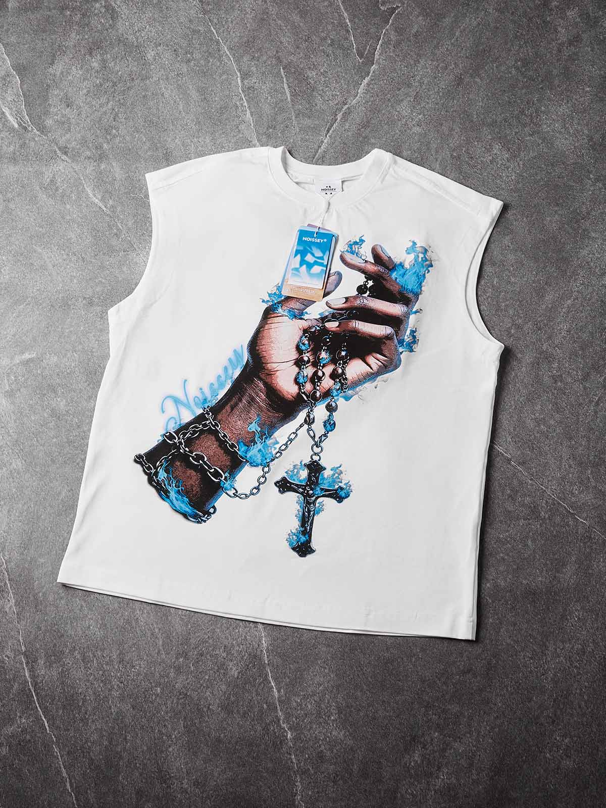 NOISSEY "Eternal Flame" Blue Fire Cross & Rosary Graphic Sleeveless Tank - Cream White