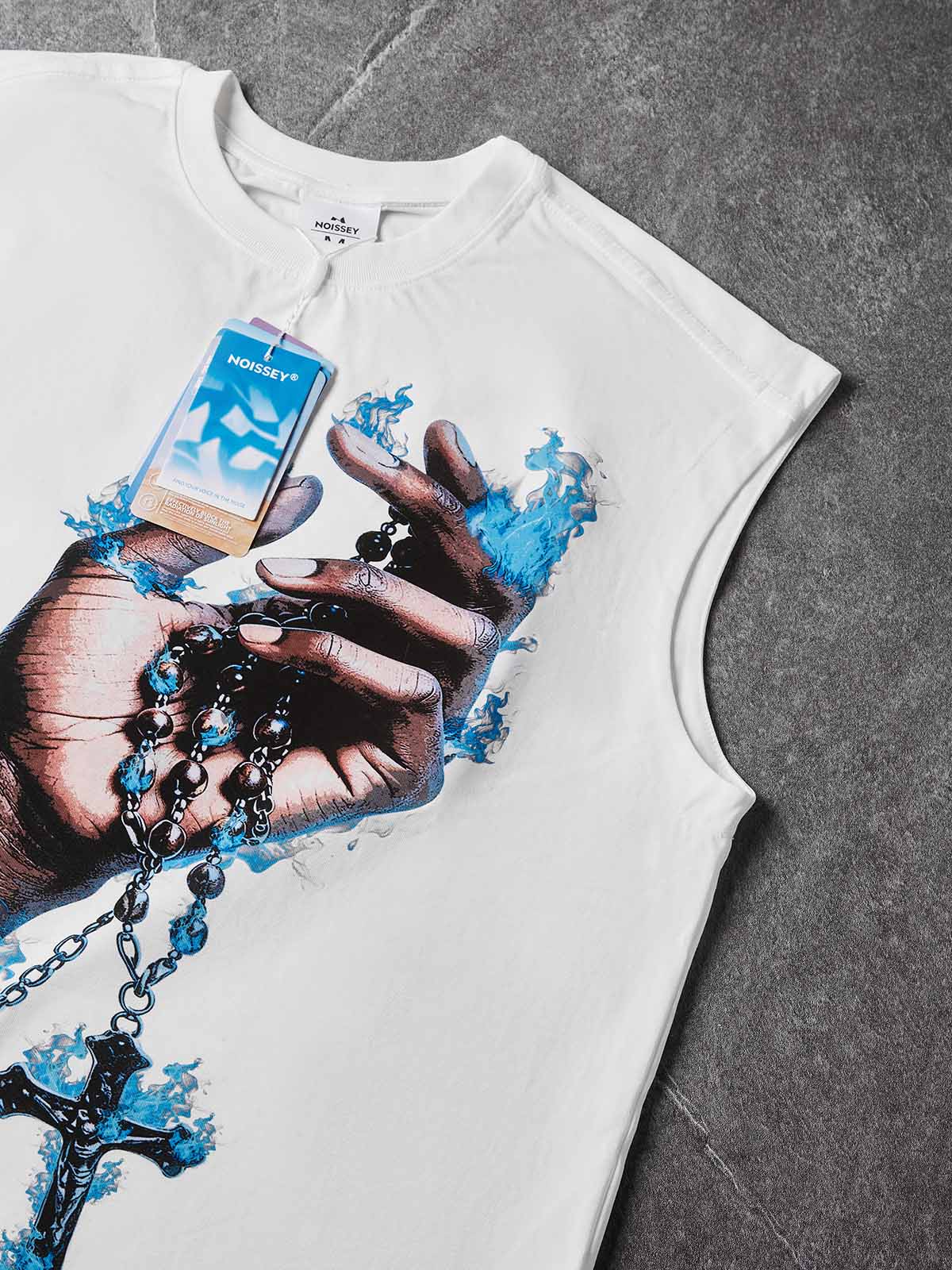 NOISSEY "Eternal Flame" Blue Fire Cross & Rosary Graphic Sleeveless Tank - Cream White