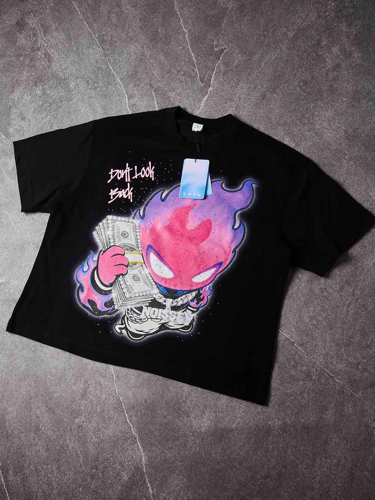 NOISSEY "Don't Look Back" Purple Fire Money Spirit Luxury Iced-Out T-Shirt - Onyx Black