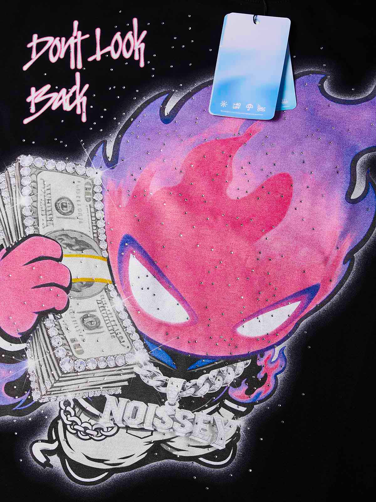 NOISSEY "Don't Look Back" Purple Fire Money Spirit Luxury Iced-Out T-Shirt - Onyx Black