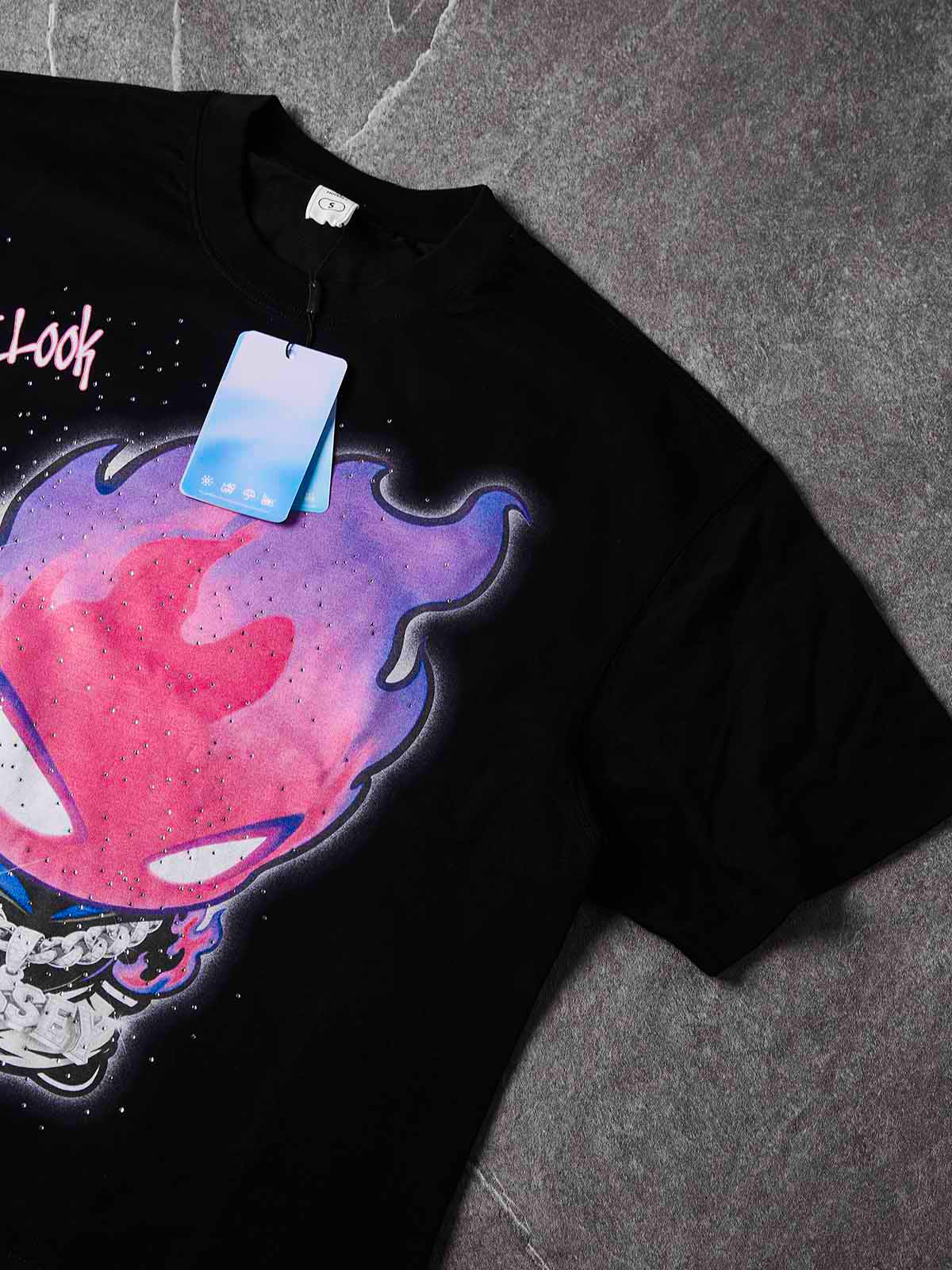 NOISSEY "Don't Look Back" Purple Fire Money Spirit Luxury Iced-Out T-Shirt - Onyx Black