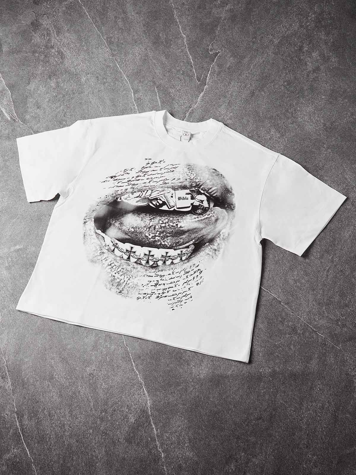 NOISSEY "Sacred Desires" Cross Grillz & Bible Lip Art Boxy Tee - Pure White