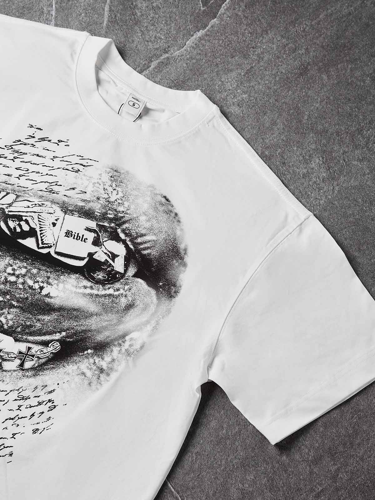 NOISSEY "Sacred Desires" Cross Grillz & Bible Lip Art Boxy Tee - Pure White