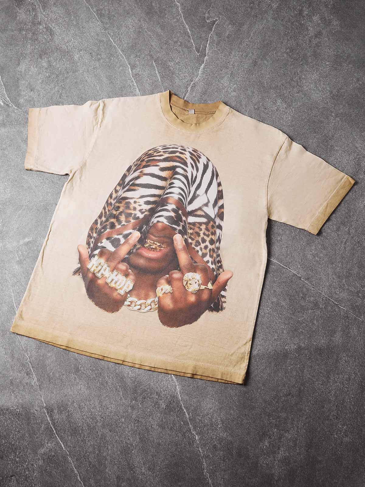 NOISSEY "Leopard Bandit" Graphic Oversized Tee - Sand Beige