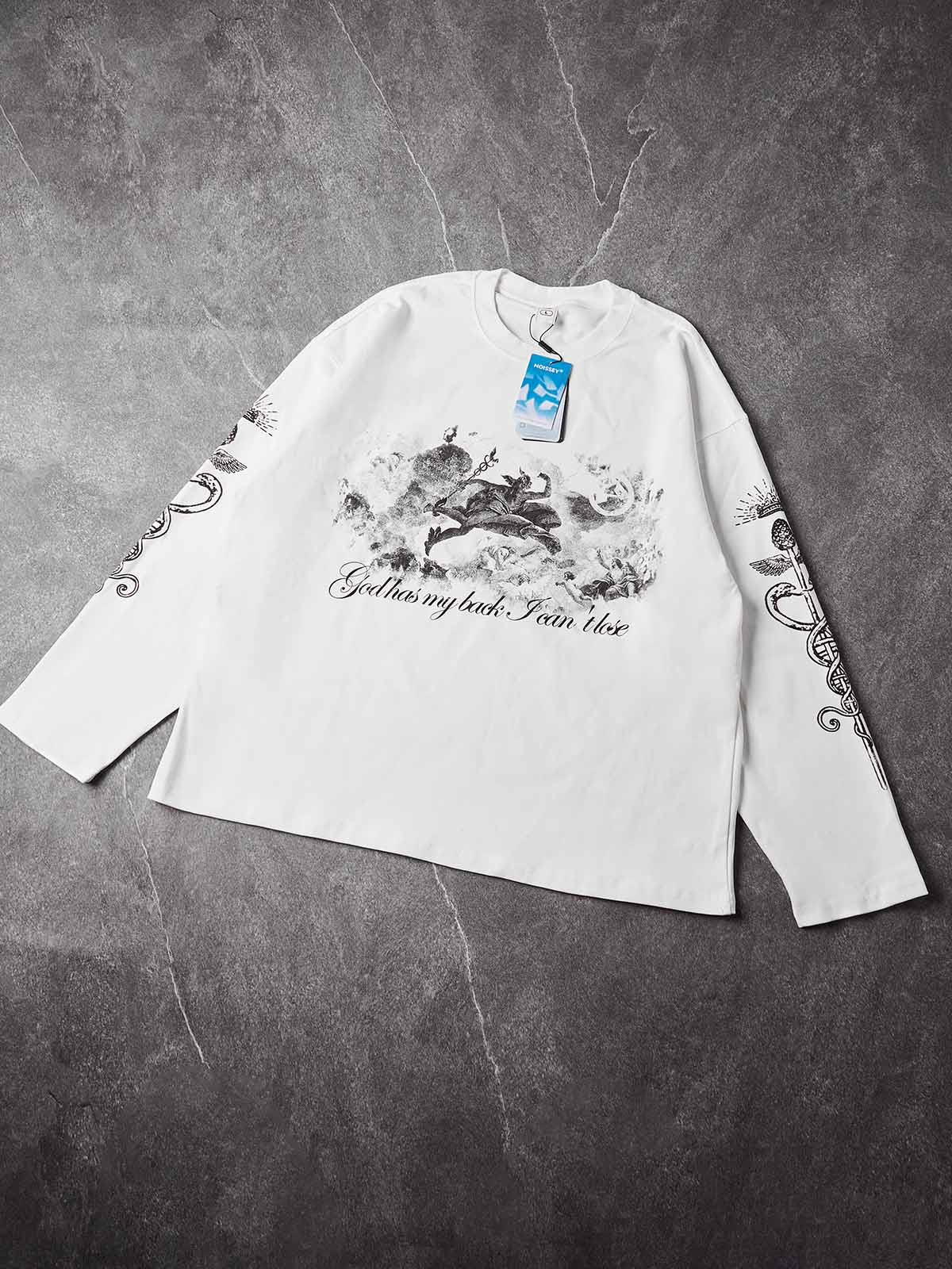 NOISSEY "Divine Herald" Greek Mythology Engraving Long-Sleeve Tee - Pure White